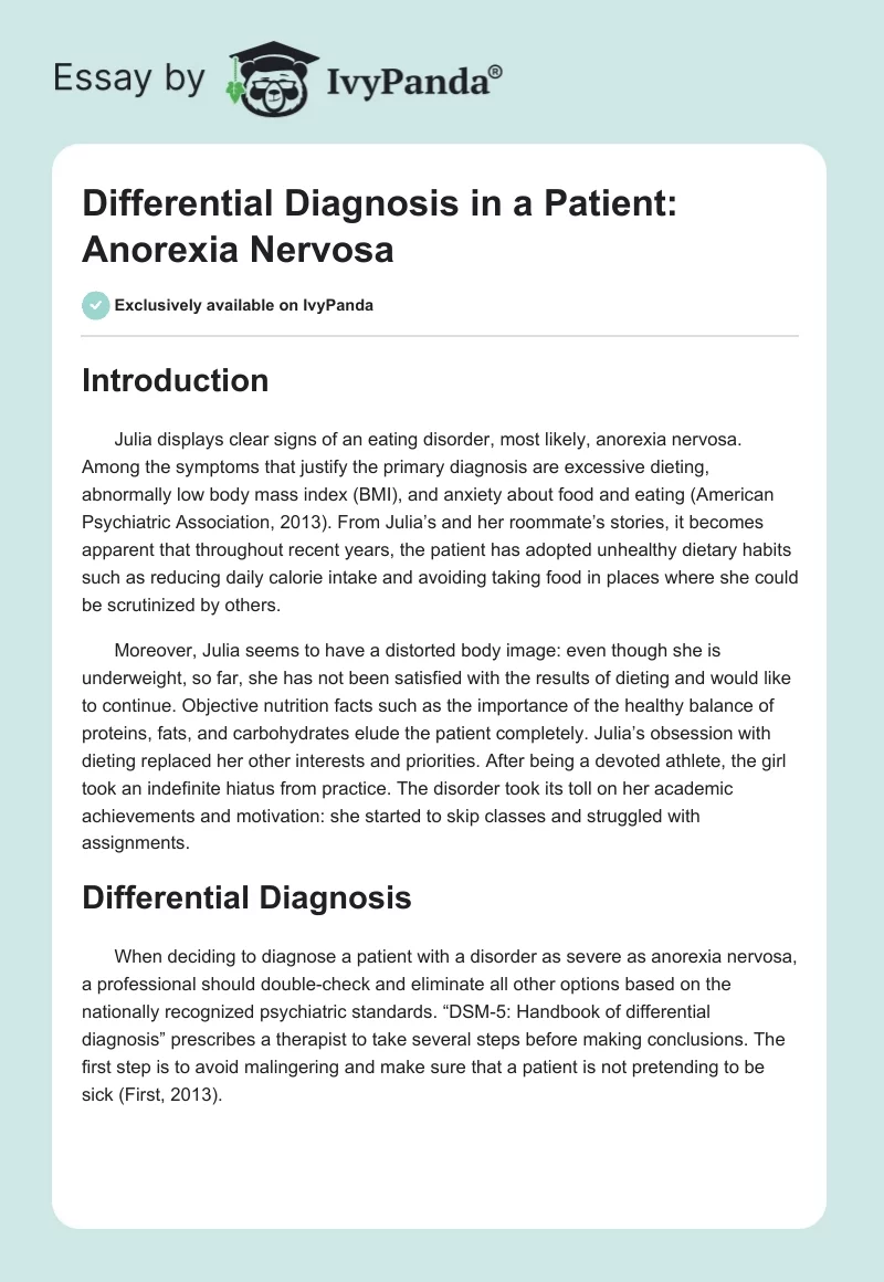 Differential Diagnosis in a Patient: Anorexia Nervosa. Page 1