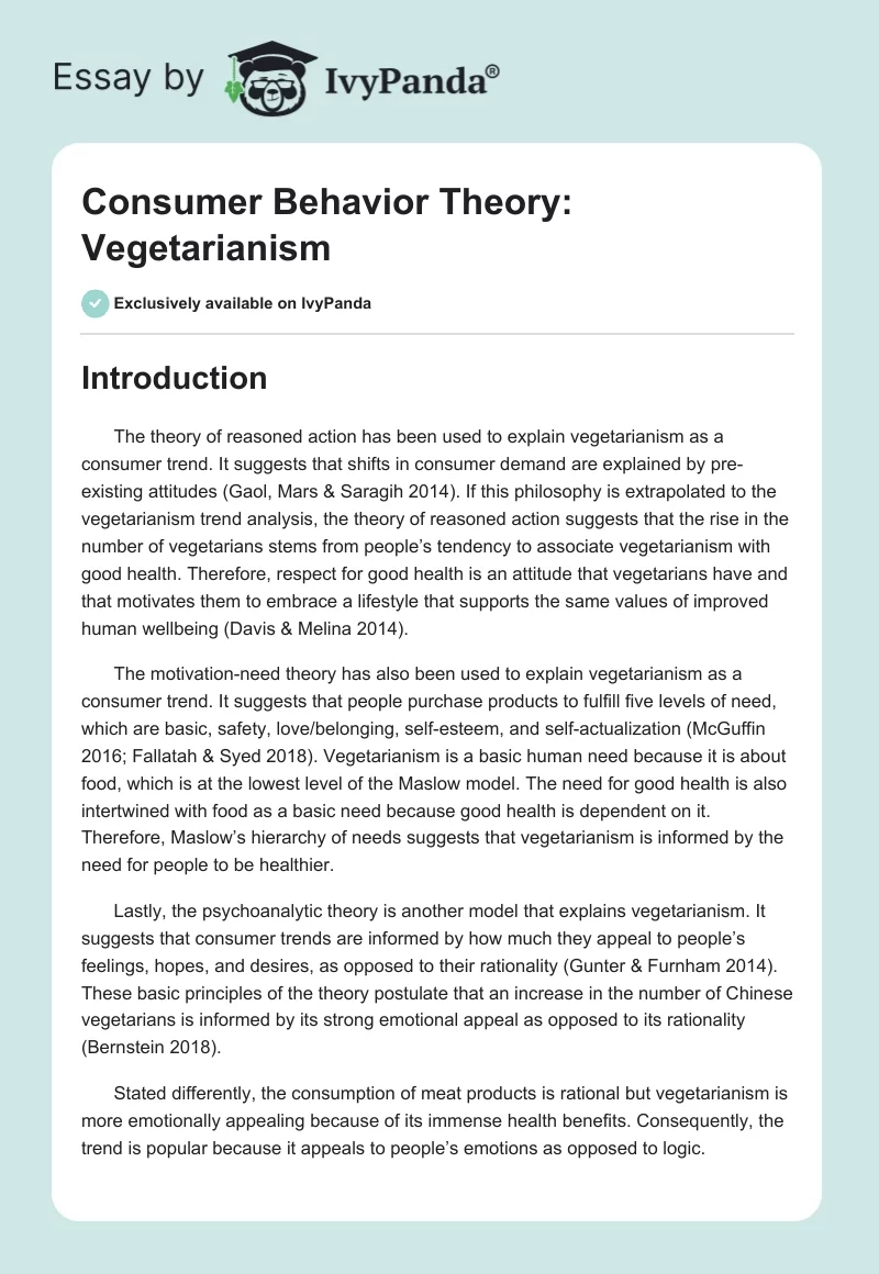 Consumer Behavior Theory: Vegetarianism. Page 1