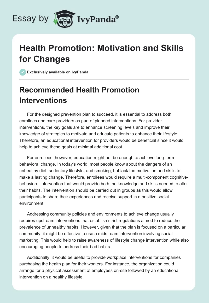 Health Promotion: Motivation and Skills for Changes. Page 1