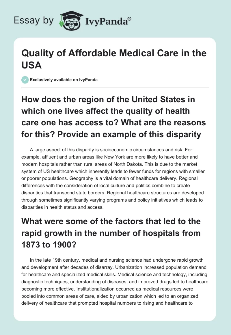 Quality of Affordable Medical Care in the USA. Page 1