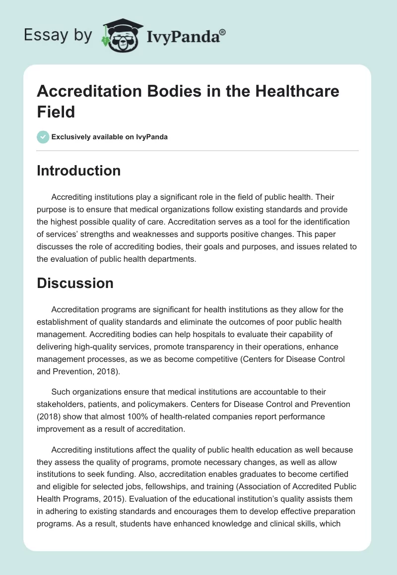 Accreditation Bodies in the Healthcare Field. Page 1