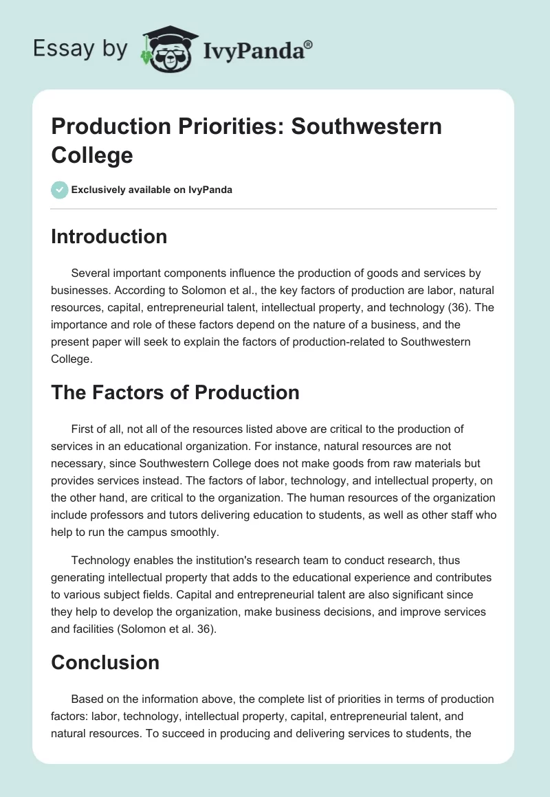 Production Priorities: Southwestern College. Page 1