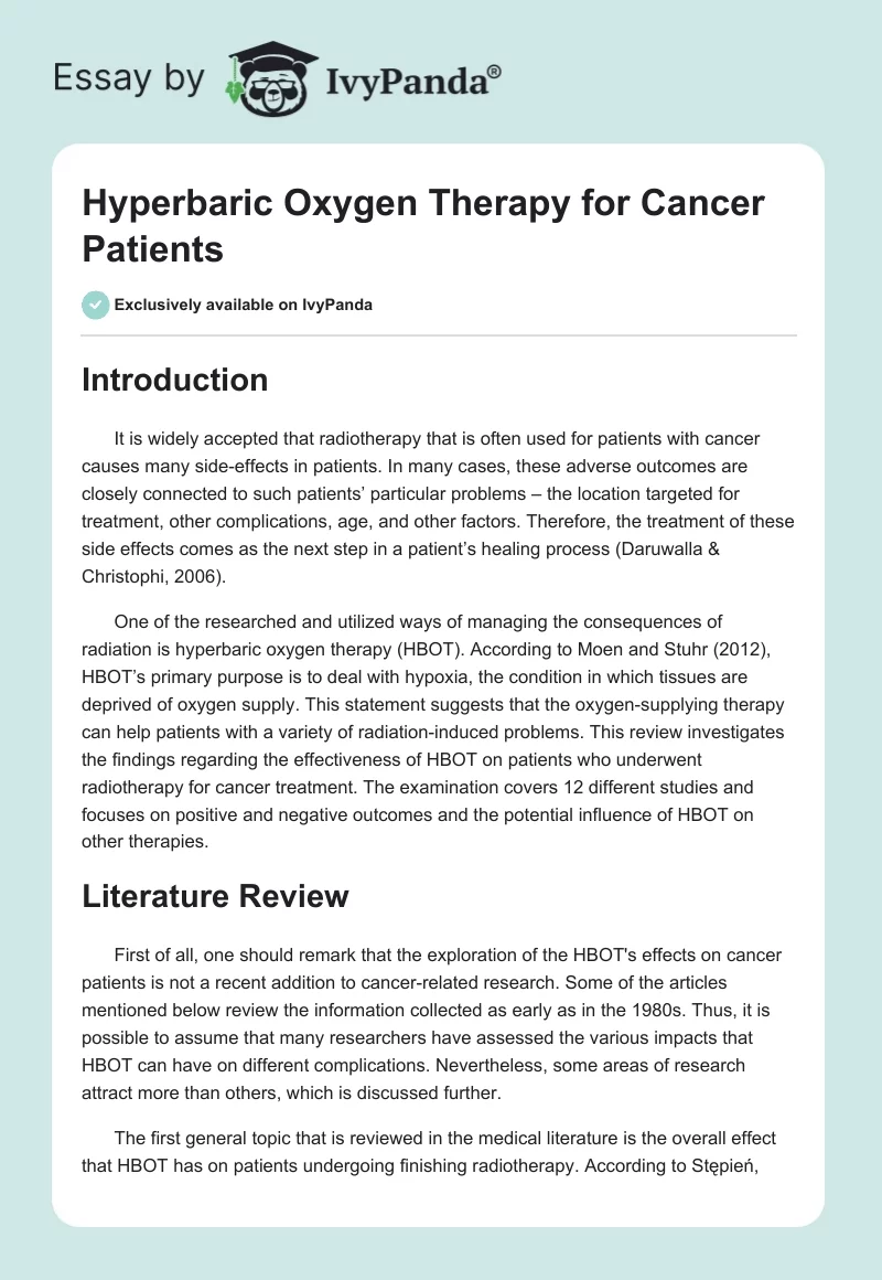 Hyperbaric Oxygen Therapy for Cancer Patients. Page 1
