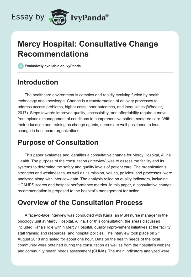 Mercy Hospital: Consultative Change Recommendations. Page 1