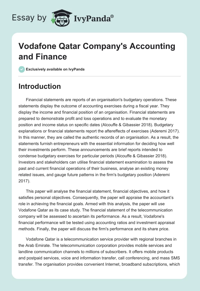 Vodafone Qatar Company's Accounting and Finance. Page 1