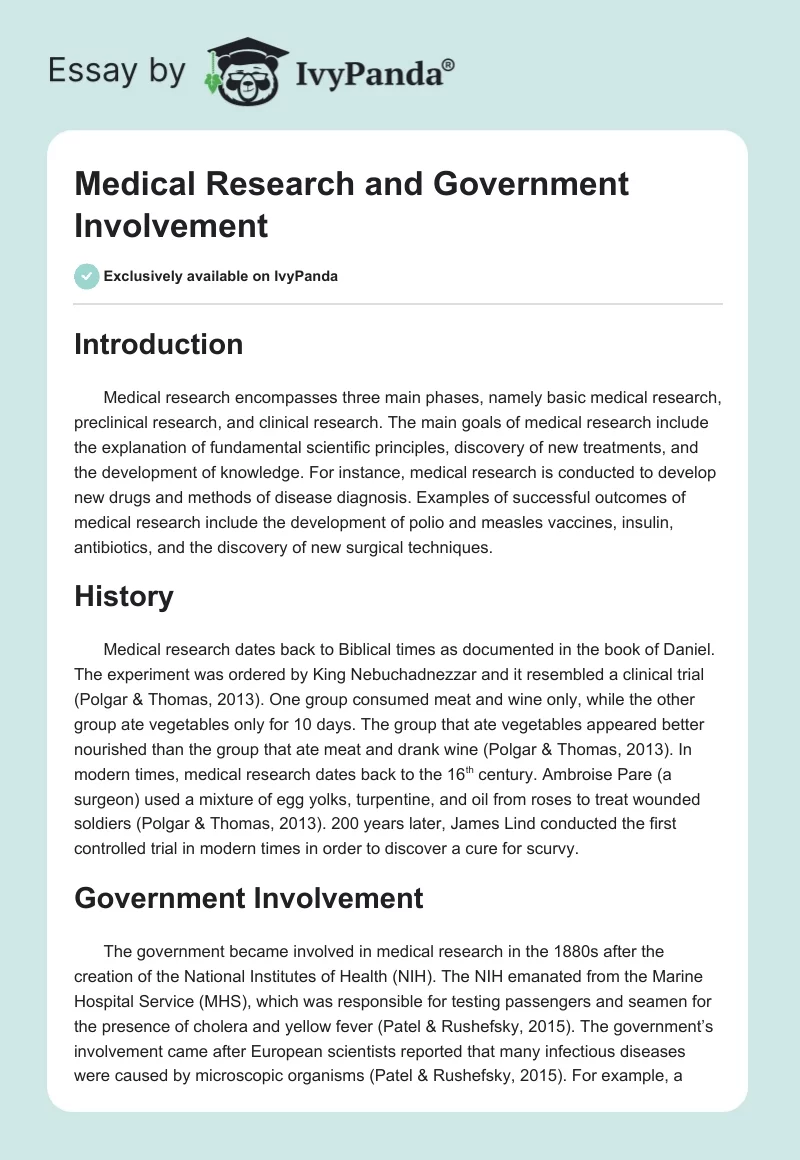 Medical Research and Government Involvement. Page 1