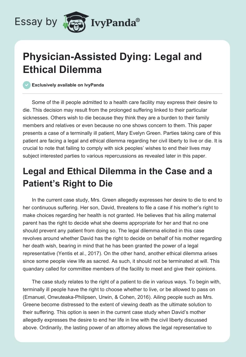 Physician-Assisted Dying: Legal and Ethical Dilemma. Page 1