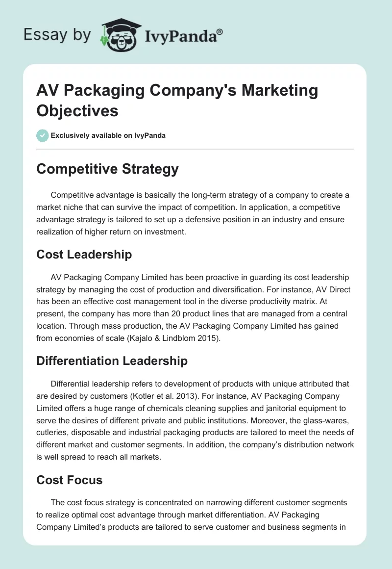 AV Packaging Company's Marketing Objectives. Page 1
