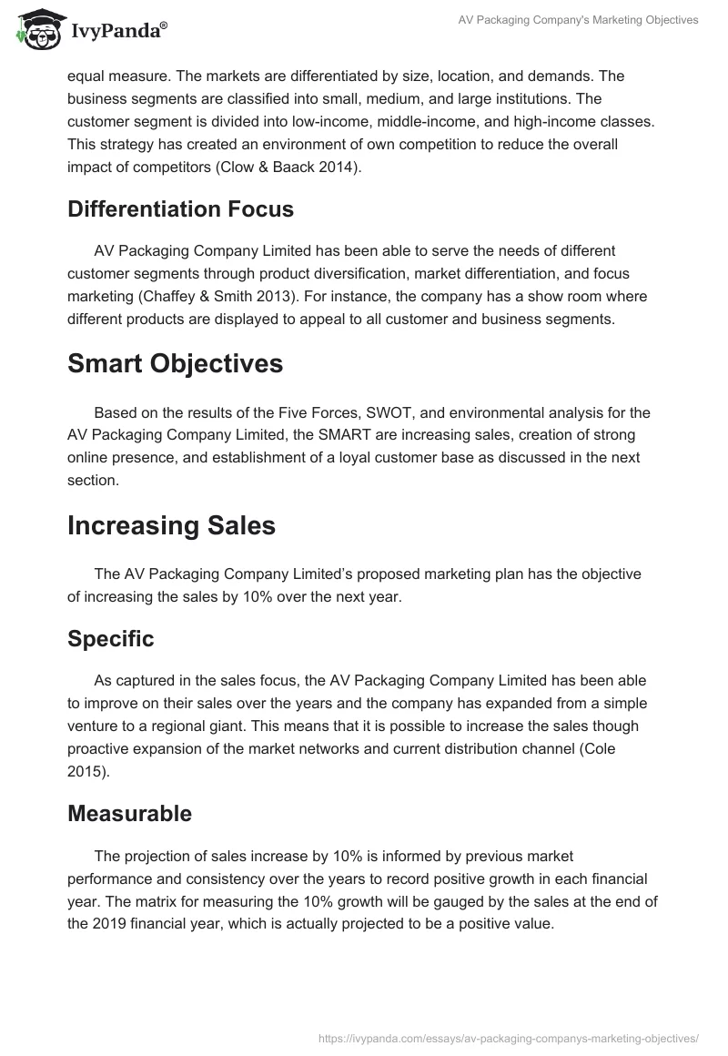AV Packaging Company's Marketing Objectives. Page 2