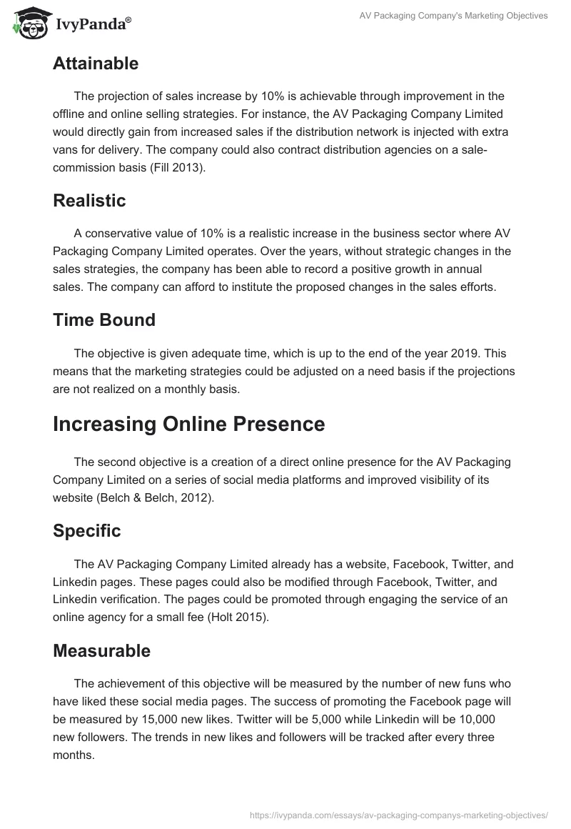 AV Packaging Company's Marketing Objectives. Page 3