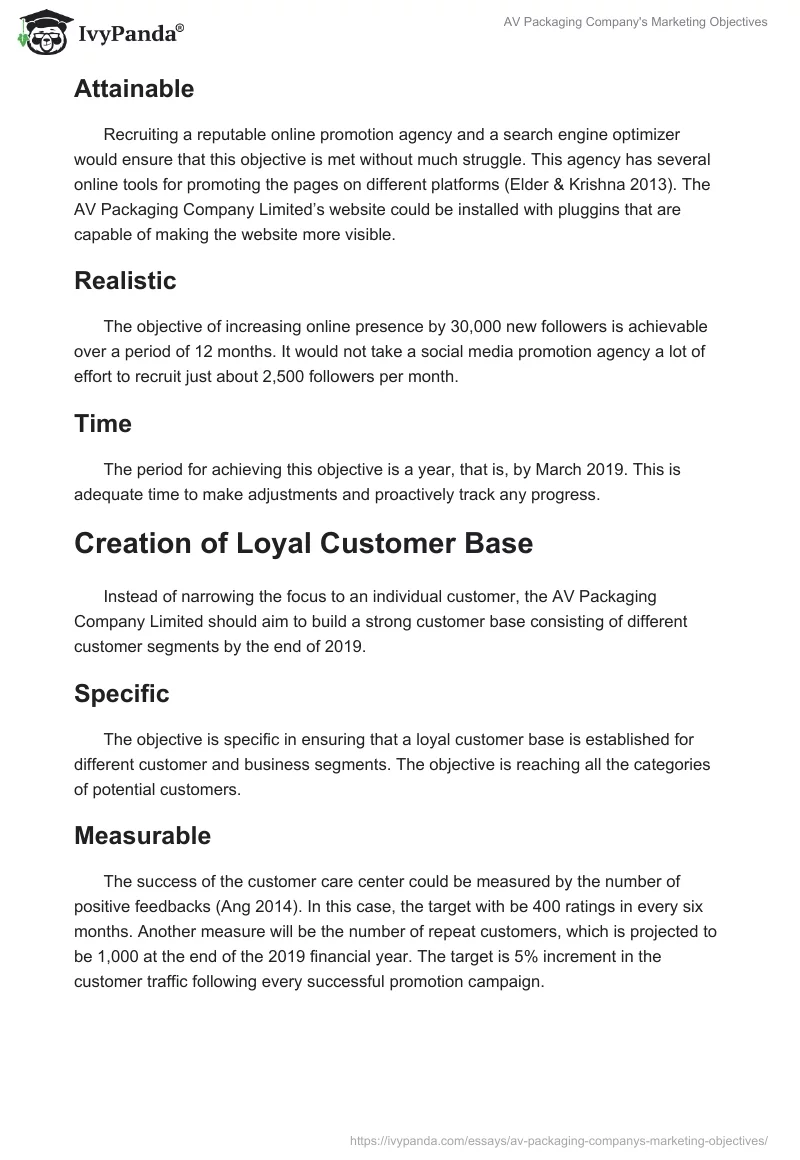 AV Packaging Company's Marketing Objectives. Page 4