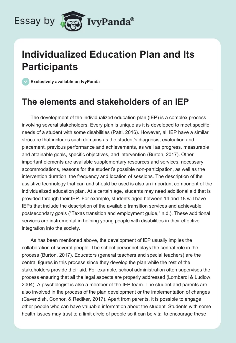 Individualized Education Plan and Its Participants. Page 1