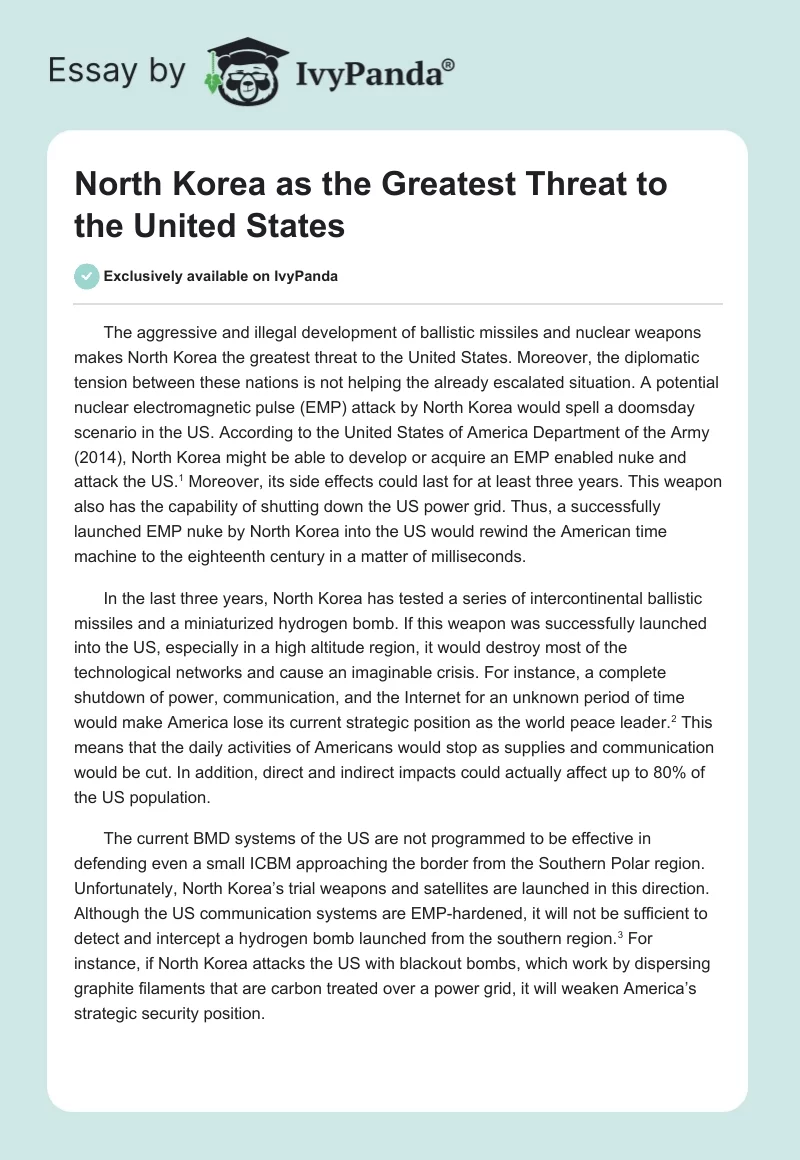 North Korea as the Greatest Threat to the United States. Page 1