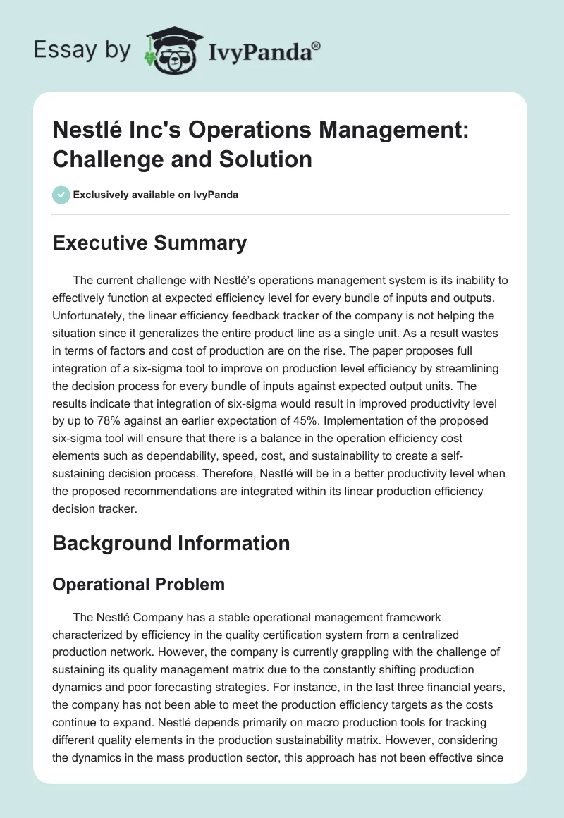 Nestlé Inc's Operations Management: Challenge and Solution. Page 1