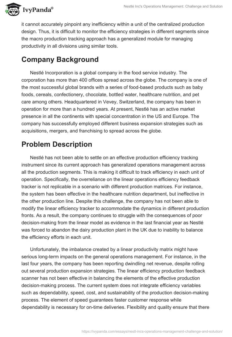 Nestlé Inc's Operations Management: Challenge and Solution. Page 2