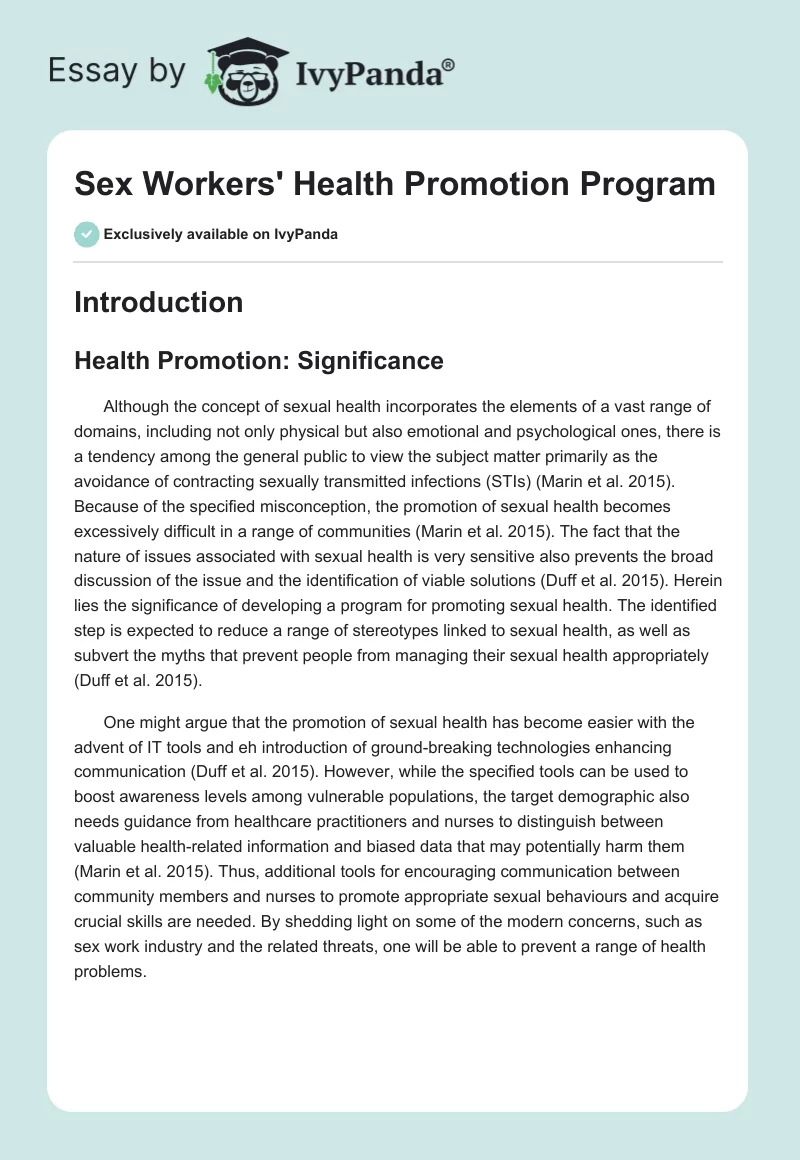 Sex Workers' Health Promotion Program. Page 1