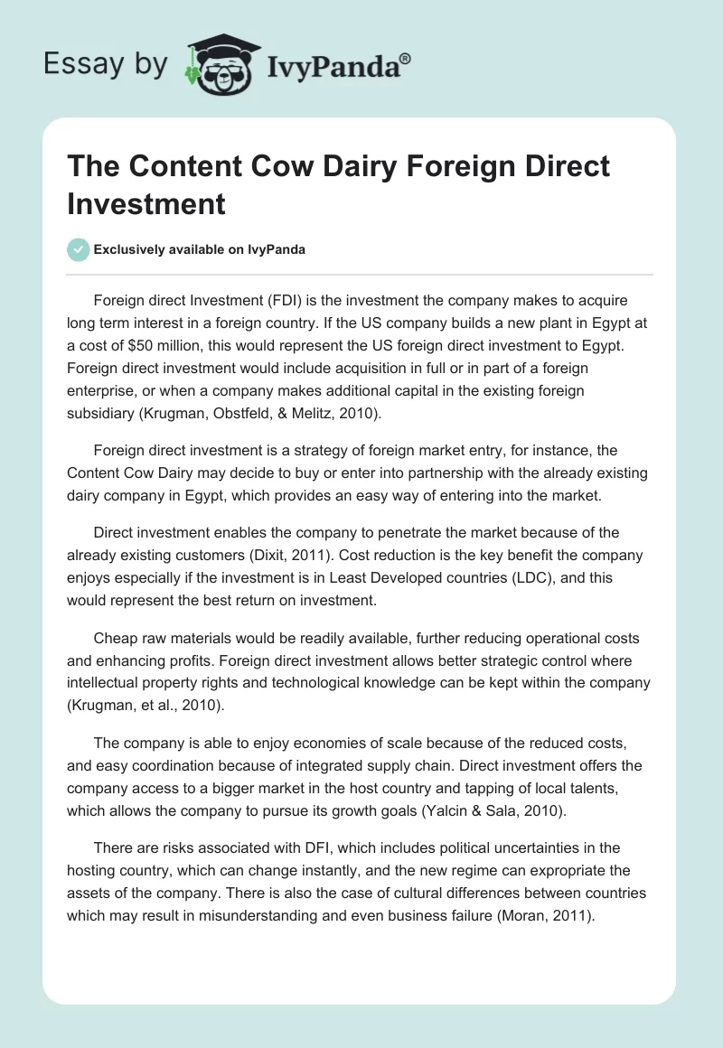 The Content Cow Dairy Foreign Direct Investment. Page 1