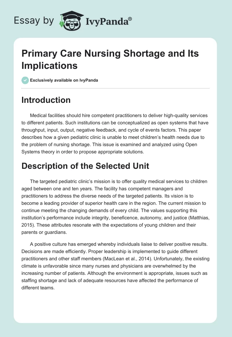 Primary Care Nursing Shortage and Its Implications. Page 1