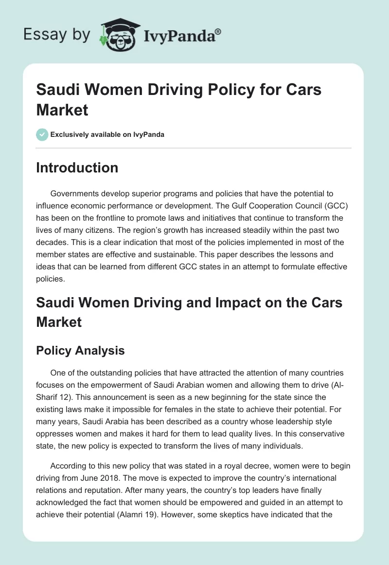 Saudi Women Driving Policy for Cars Market. Page 1