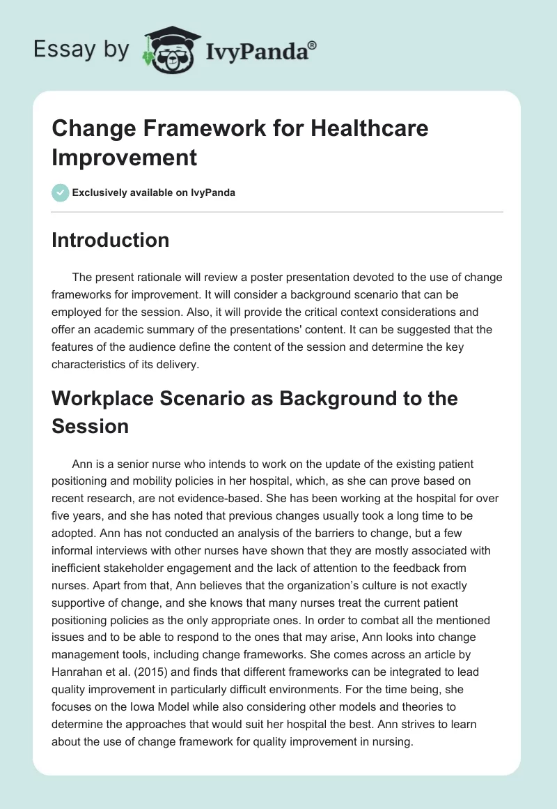 Change Framework for Healthcare Improvement. Page 1