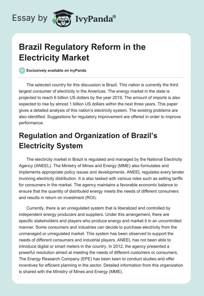 Brazil Regulatory Reform in the Electricity Market. Page 1