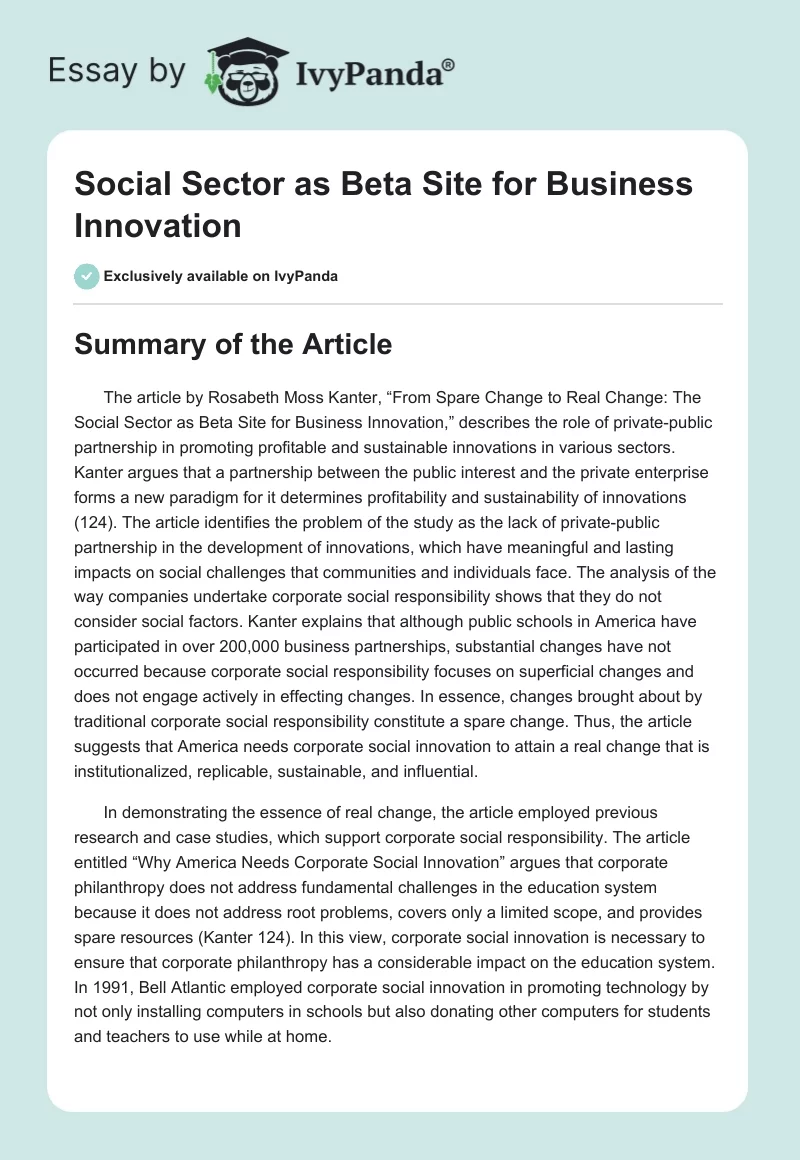 Social Sector as Beta Site for Business Innovation. Page 1