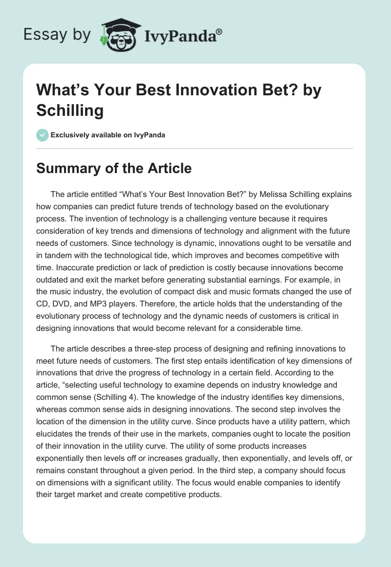 "What’s Your Best Innovation Bet?" by Schilling. Page 1