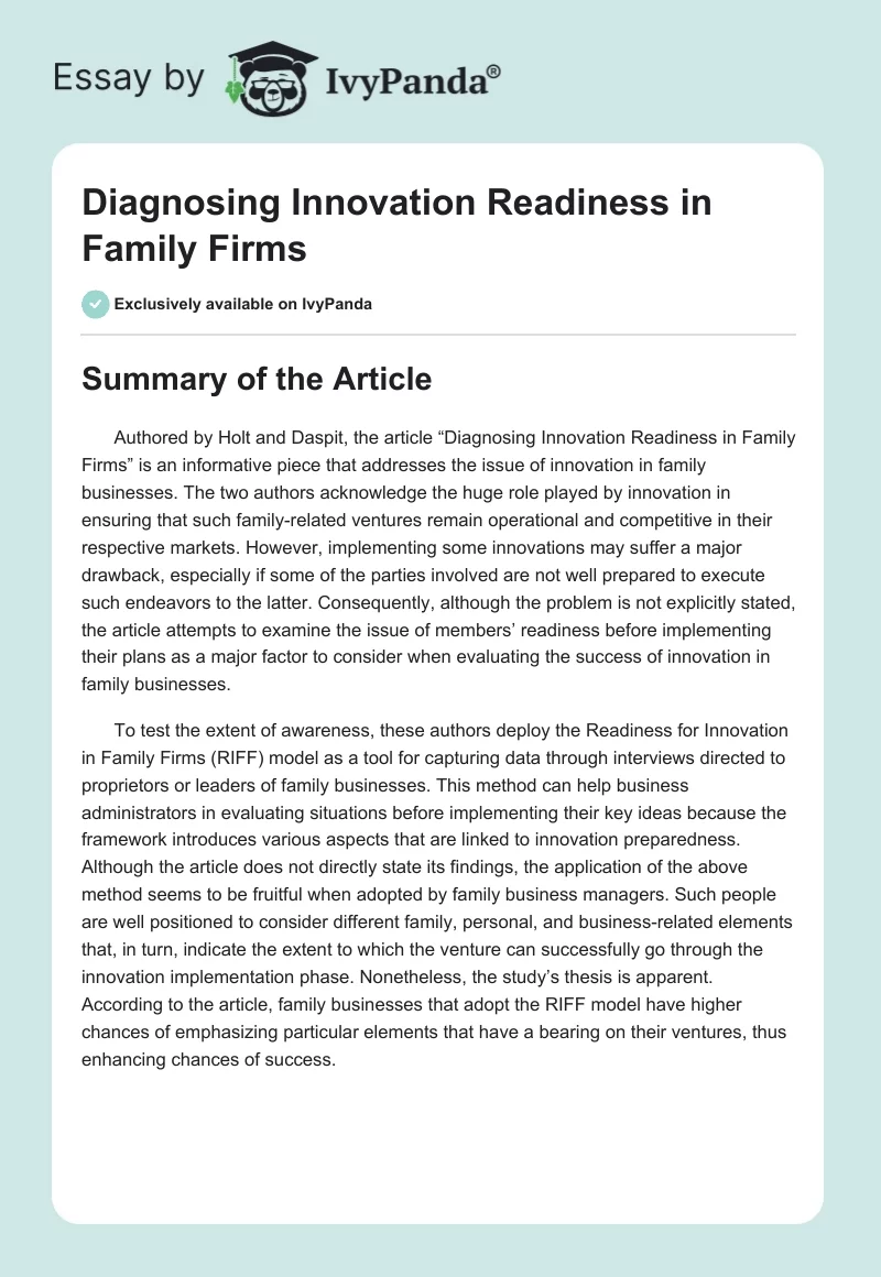 Diagnosing Innovation Readiness in Family Firms - 2280 Words | Essay ...