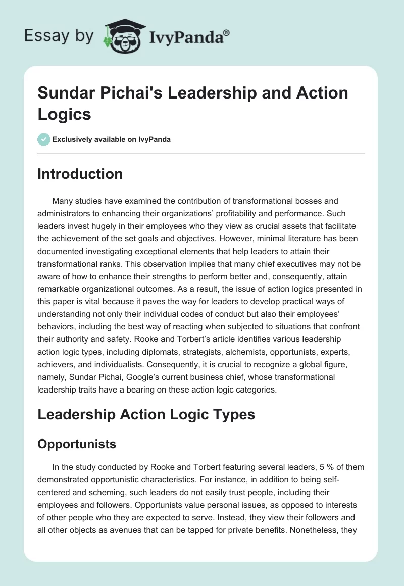 Sundar Pichai's Leadership and Action Logics. Page 1