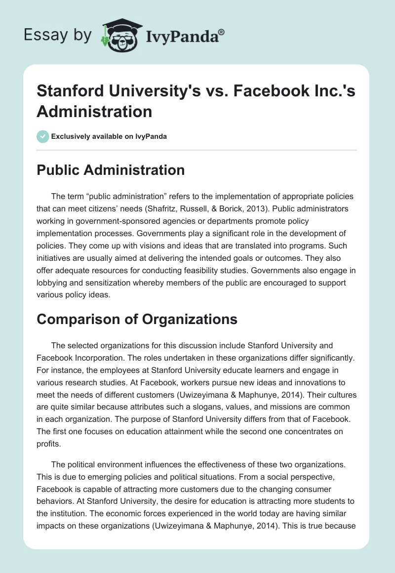 Stanford University's vs. Facebook Inc.'s Administration. Page 1