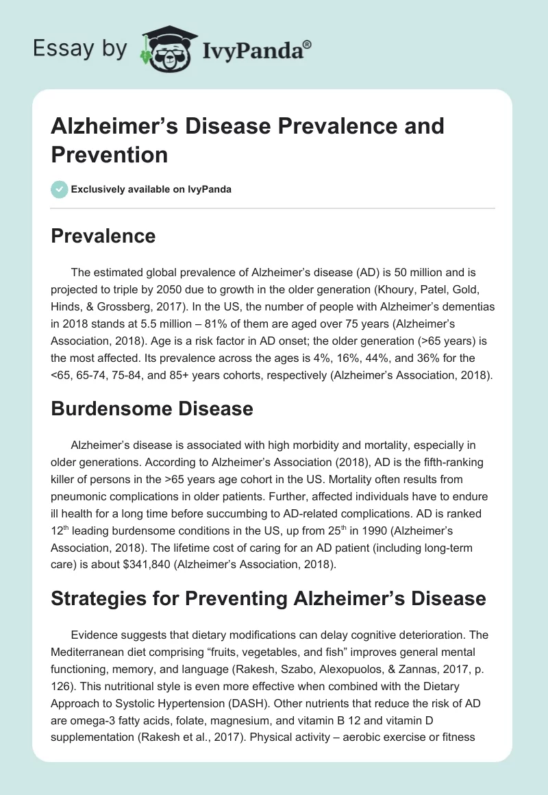 Alzheimer’s Disease Prevalence and Prevention. Page 1
