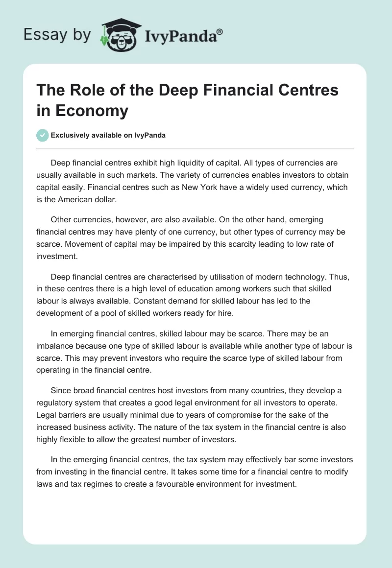 The Role of the Deep Financial Centres in Economy. Page 1