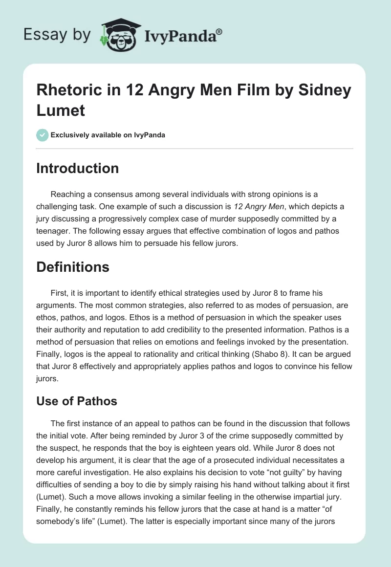 Rhetoric in "12 Angry Men" Film by Sidney Lumet. Page 1