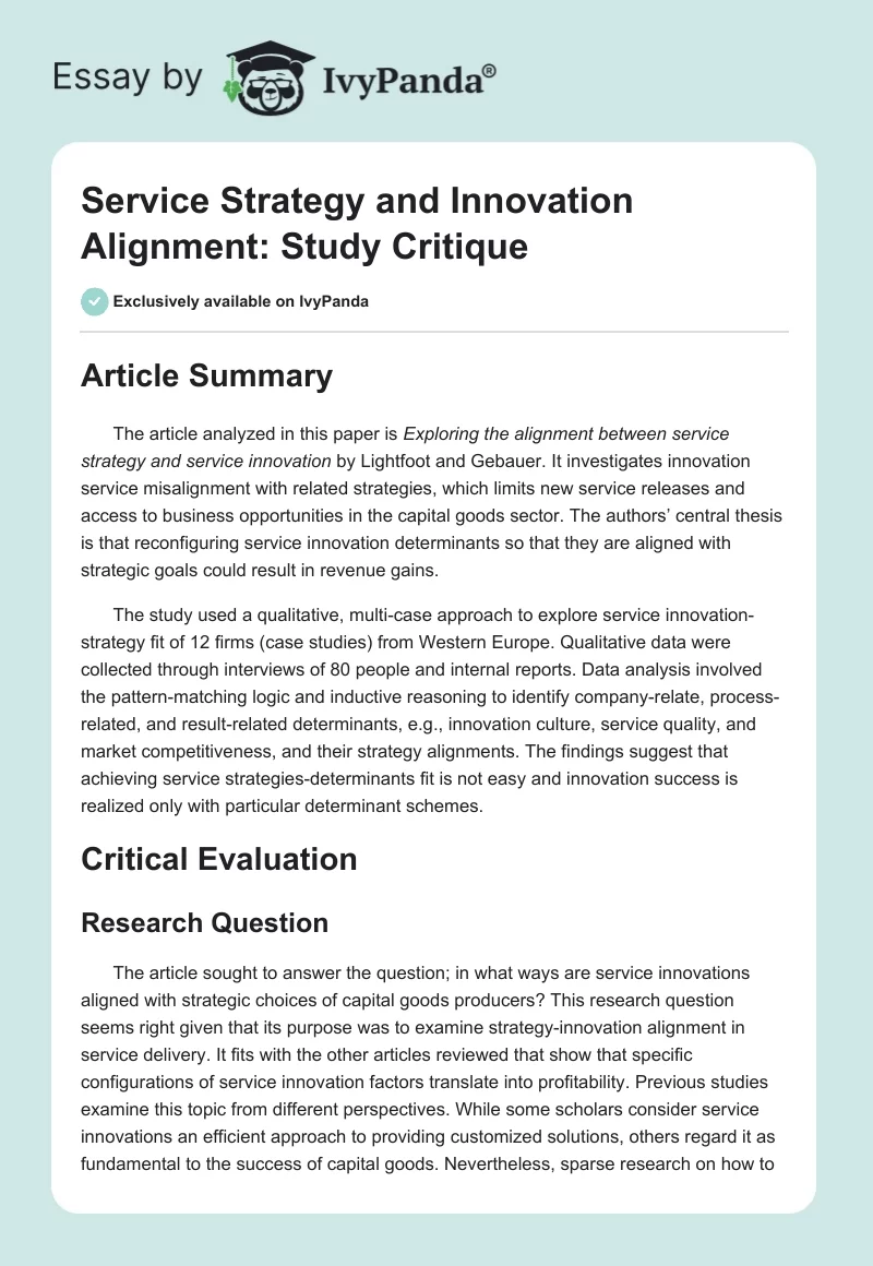 Service Strategy and Innovation Alignment: Study Critique. Page 1