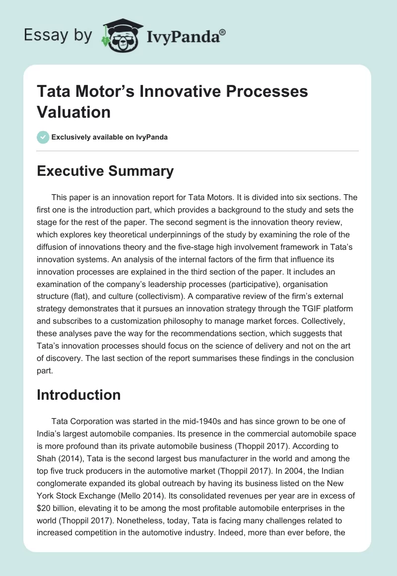 Tata Motor’s Innovative Processes Valuation. Page 1