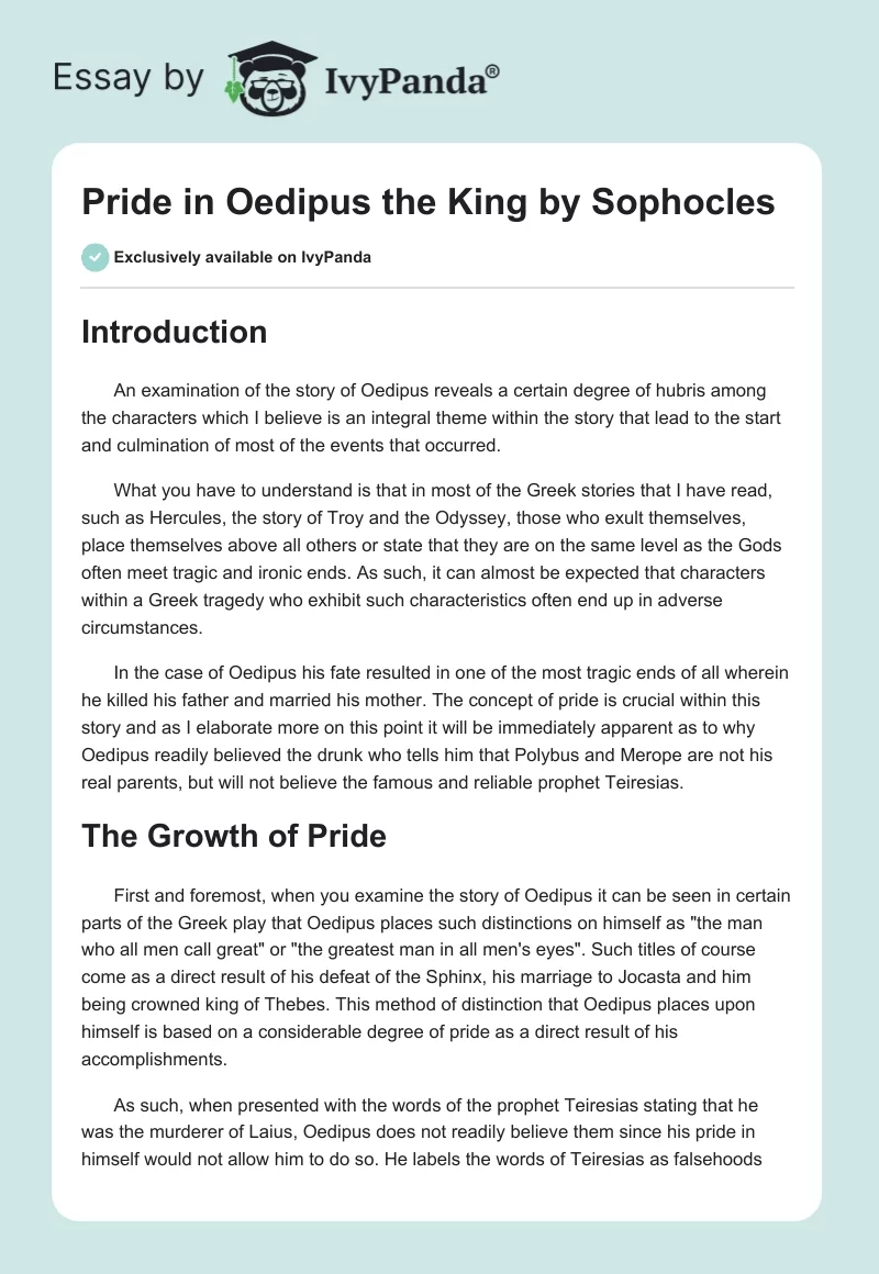 Pride in "Oedipus the King" by Sophocles. Page 1
