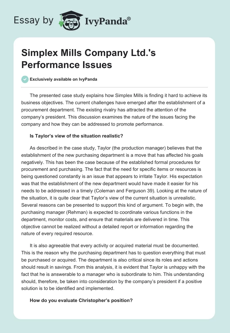 Simplex Mills Company Ltd.'s Performance Issues. Page 1