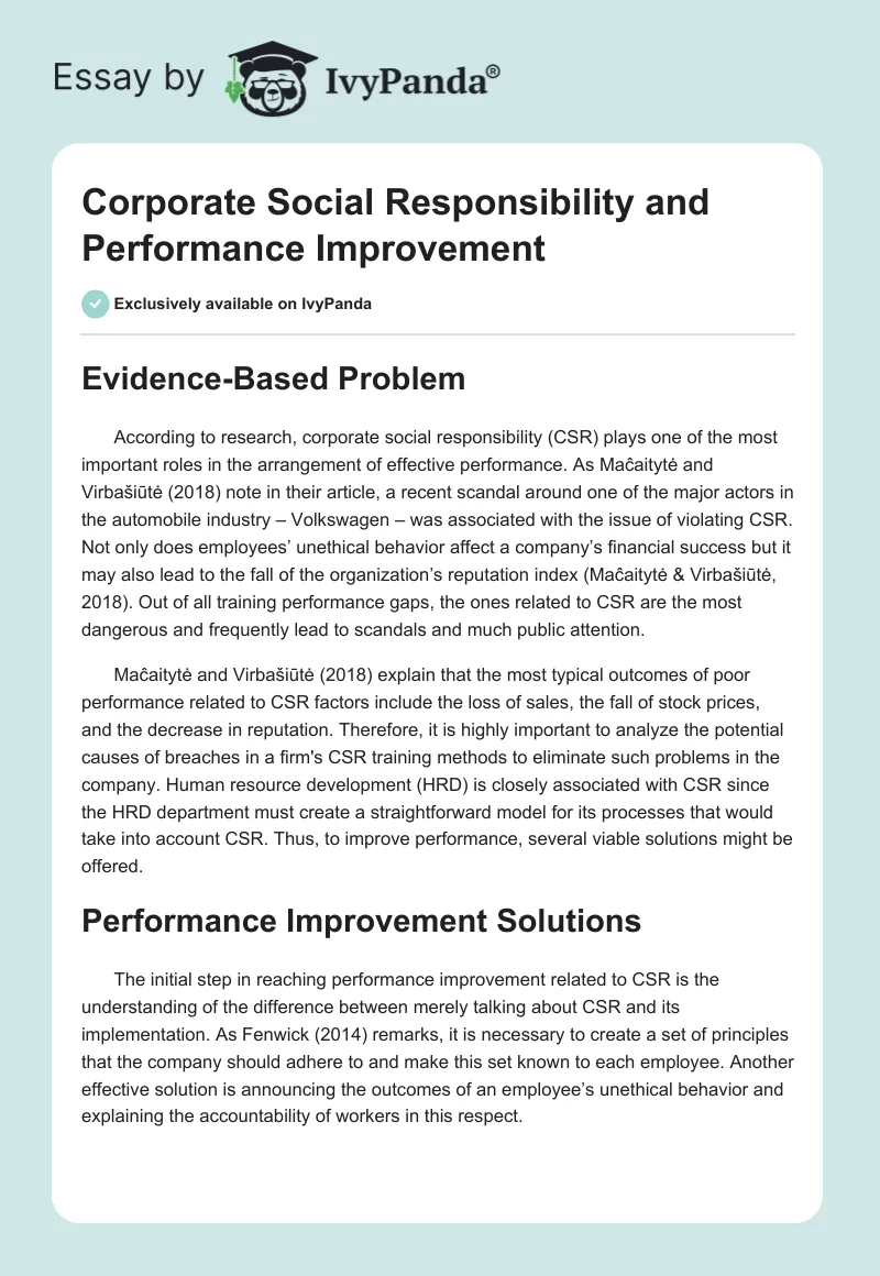 Corporate Social Responsibility and Performance Improvement. Page 1