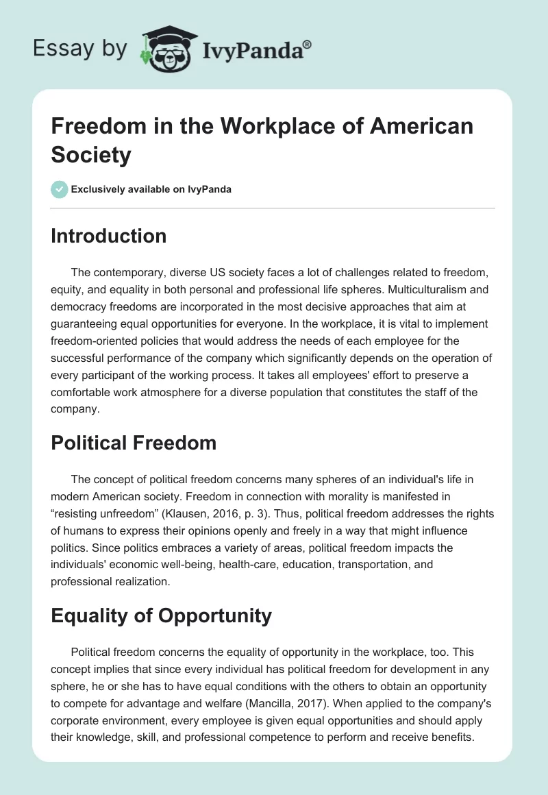 Freedom in the Workplace of American Society. Page 1