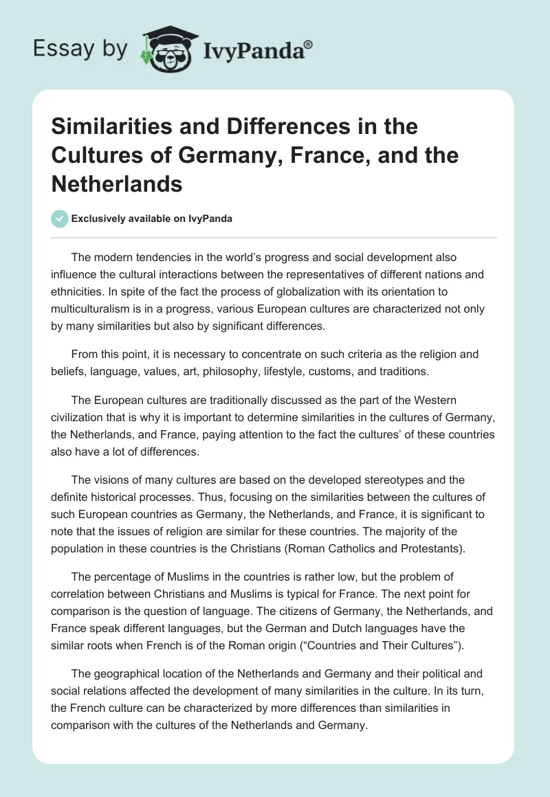 Similarities and Differences in the Cultures of Germany, France, and the Netherlands. Page 1