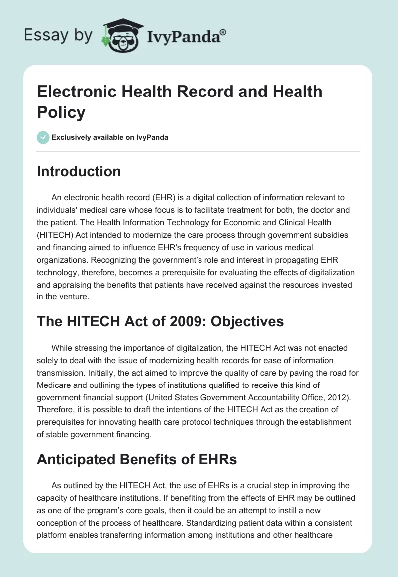 Electronic Health Record and Health Policy. Page 1