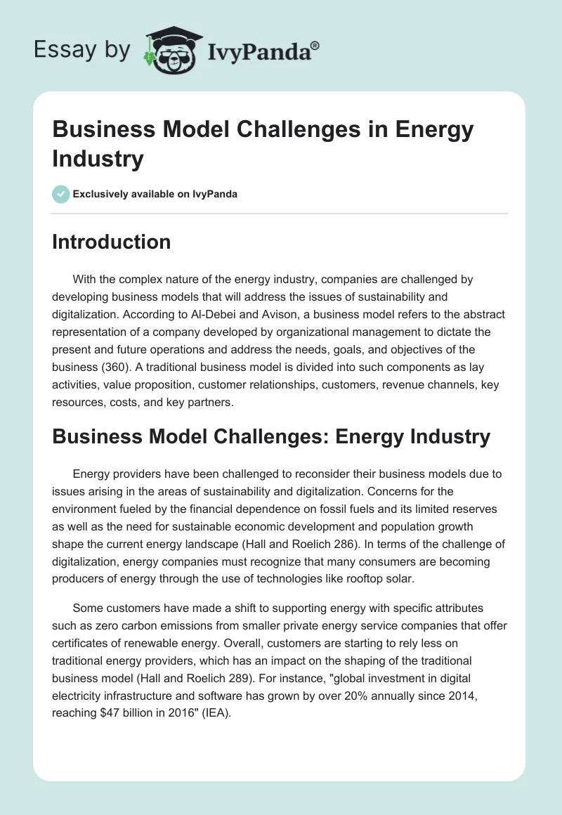 Business Model Challenges in Energy Industry. Page 1