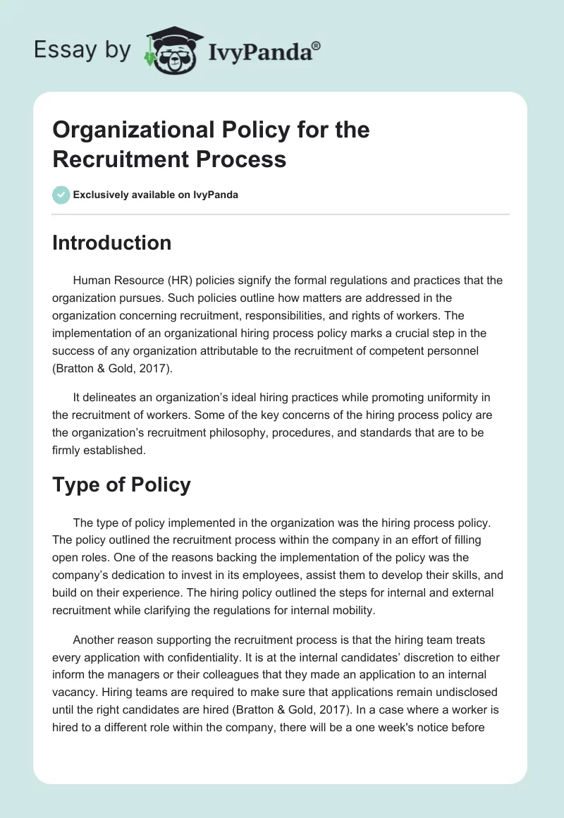 Organizational Policy for the Recruitment Process. Page 1