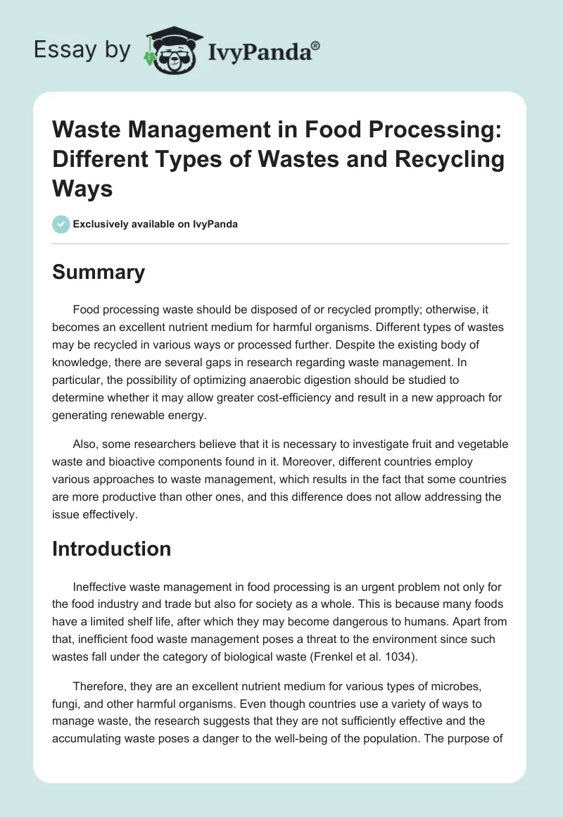 Waste Management in Food Processing: Different Types of Wastes and Recycling Ways. Page 1