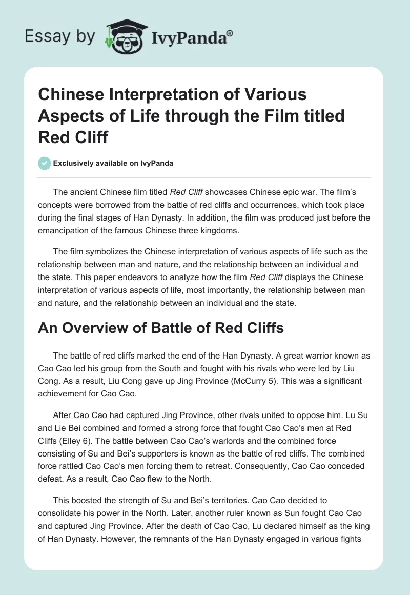 Chinese Interpretation of Various Aspects of Life Through the Film Titled Red Cliff. Page 1