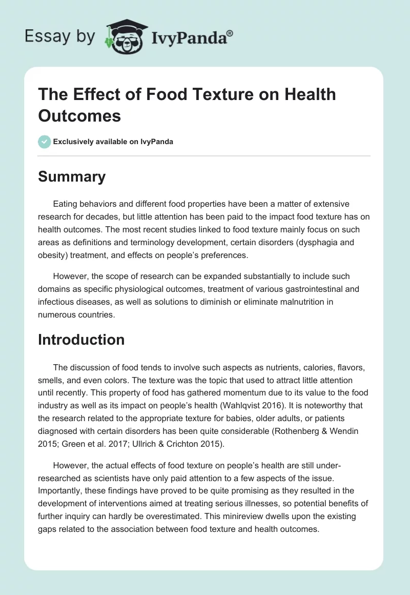 The Effect of Food Texture on Health Outcomes. Page 1