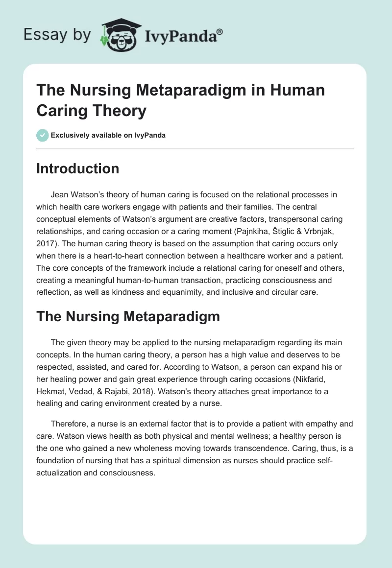 The Nursing Metaparadigm in Human Caring Theory. Page 1
