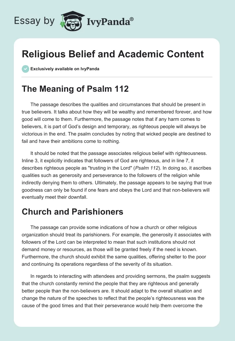 Religious Belief and Academic Content. Page 1