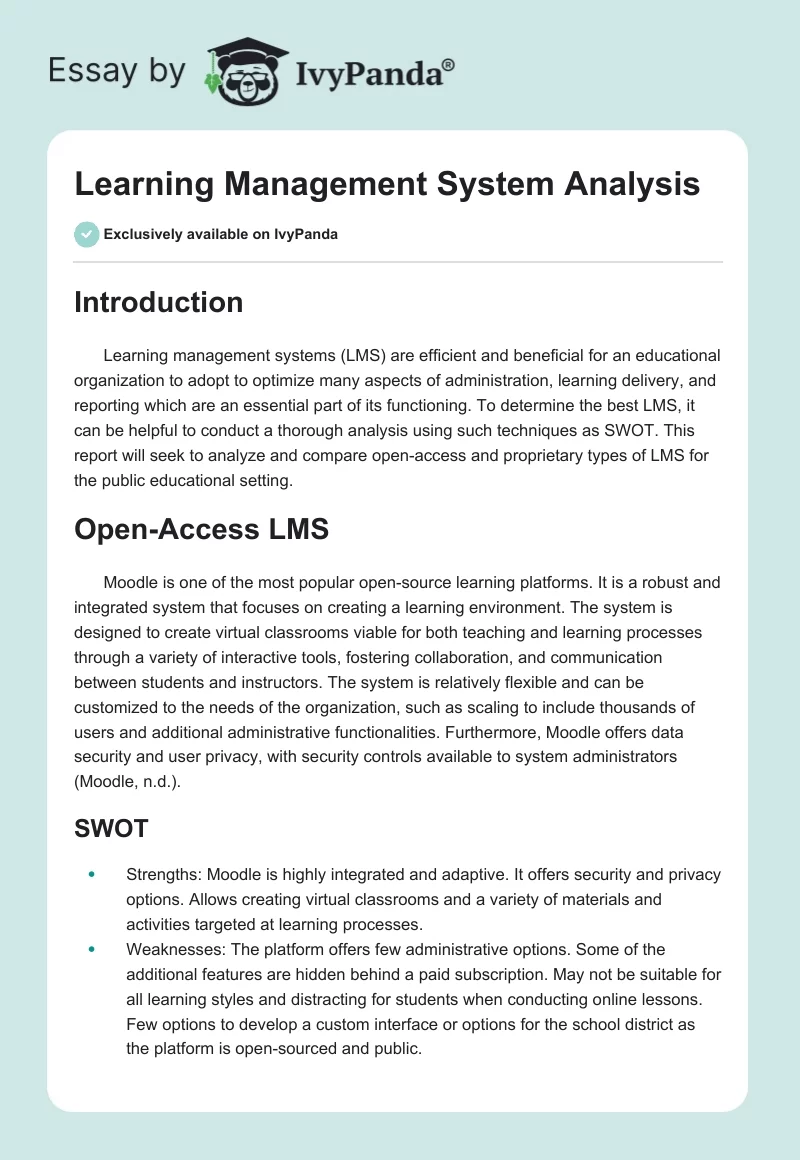Learning Management System Analysis. Page 1