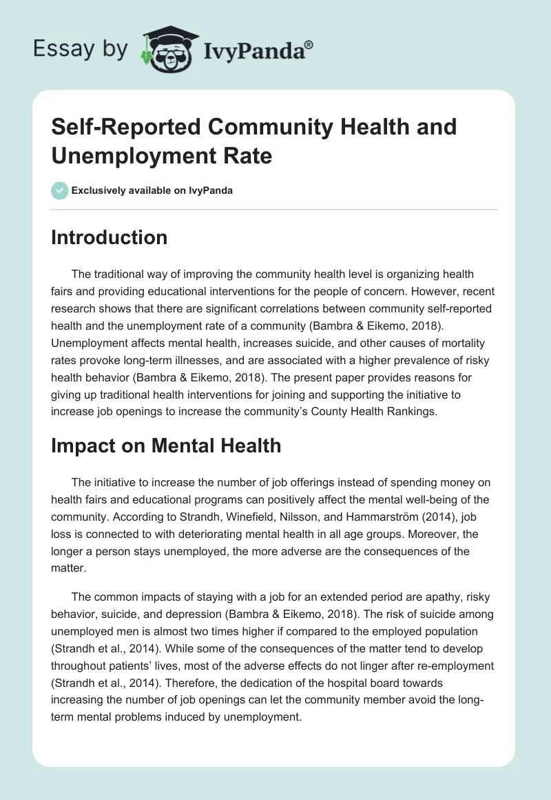 Self-Reported Community Health and Unemployment Rate. Page 1